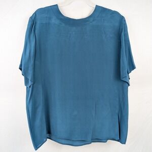 Vtg Anna Frank 100% Silk Womens XL Blue Short Sleeve Blouse Top Coquette Y2K